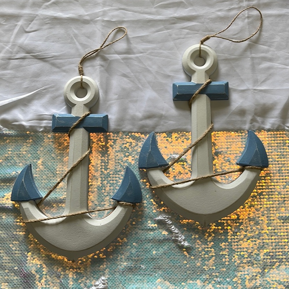Decor Blue and White Wood Anchor Wall Sculpture Set of Two Large Wood